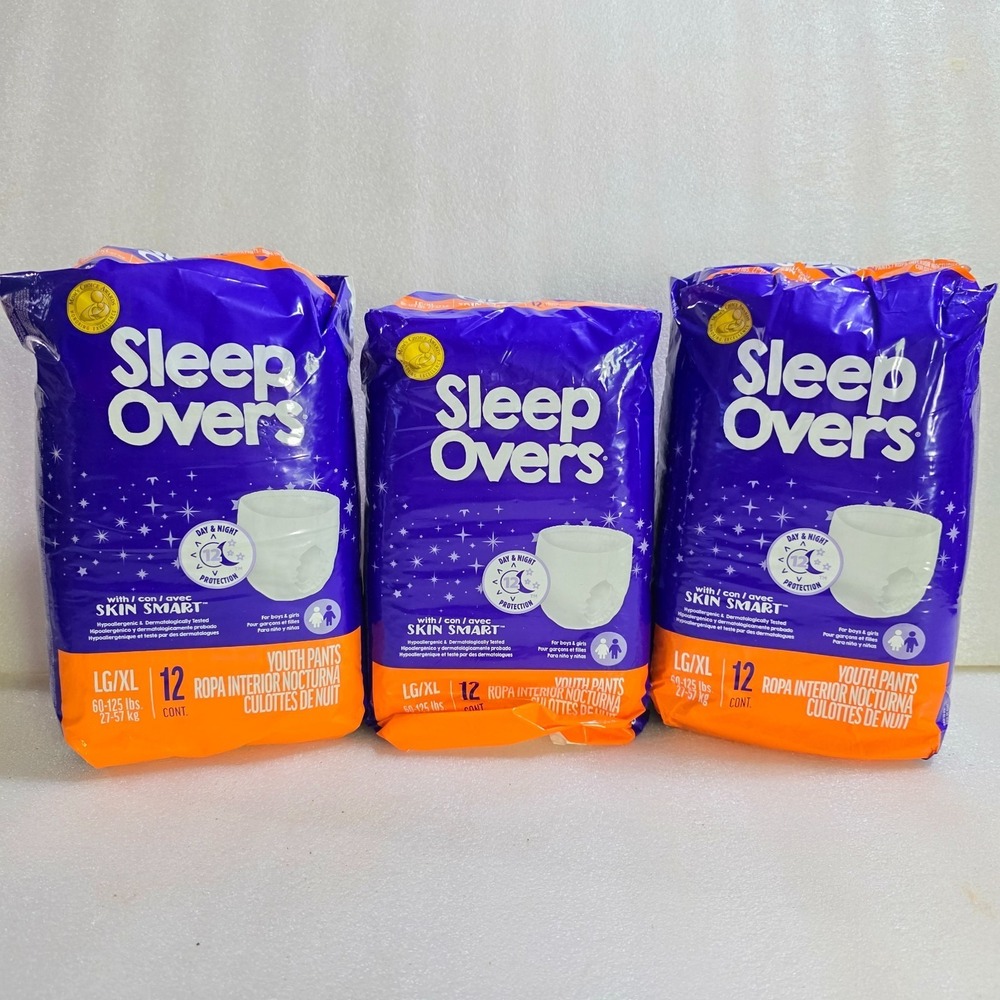 Sleep Overs Youth Pants LG/XL Skin Smart 12ct Day & Night Boys Girls NEW 3 packs